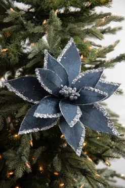 22” x 12.5" Velvet Glitter Poinsettia Stem - Blue and Grey