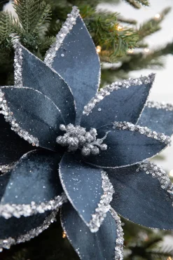 22” x 12.5" Velvet Glitter Poinsettia Stem - Blue and Grey