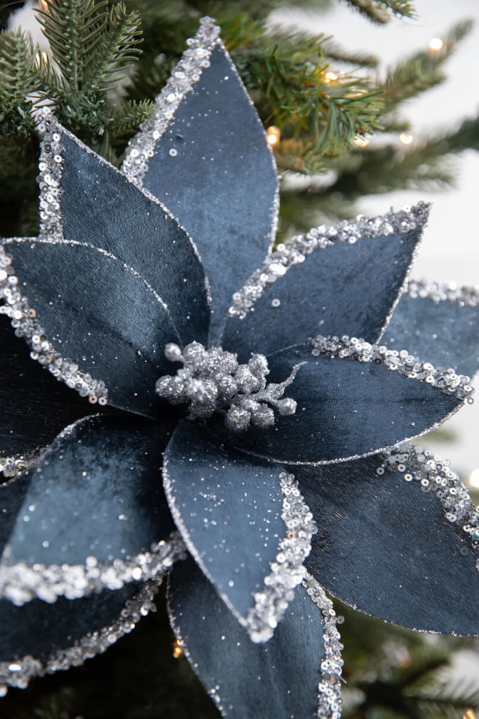 22” x 12.5" Velvet Glitter Poinsettia Stem - Blue and Grey