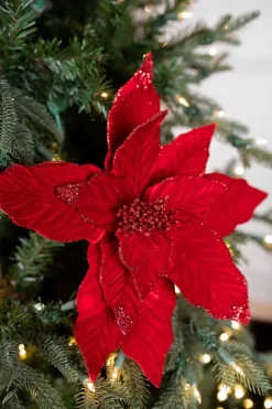 22” x 15" Velvet Glitter Poinsettia Stem - Red