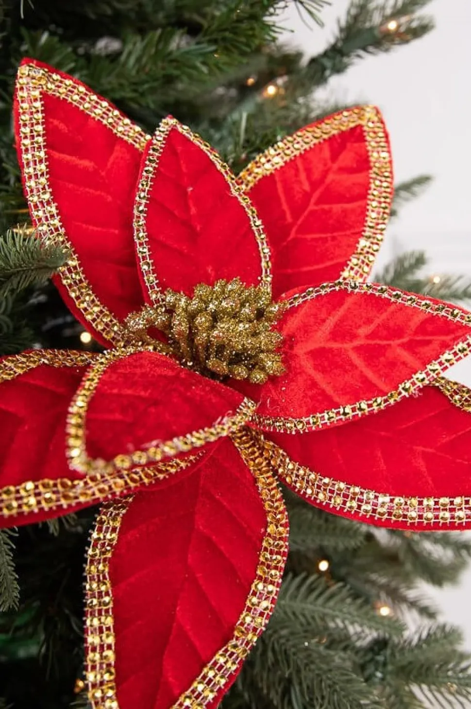 24” x 12" Velvet Jewel Edge Gold Trim Poinsettia Stem