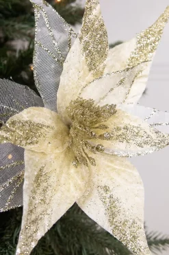20” x 11.5" Velvet Sheer Glitter Edge Poinsettia Stem