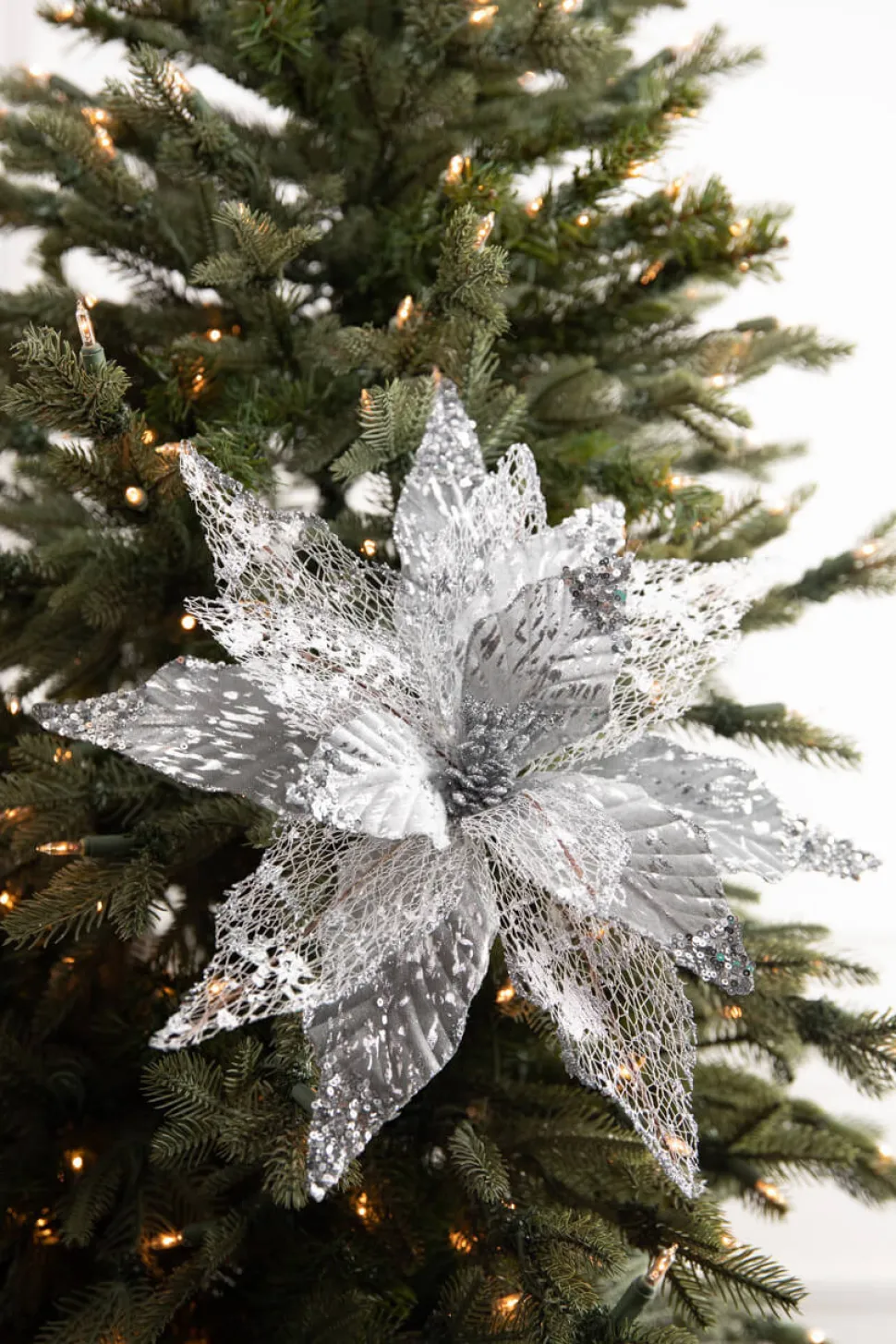 22” x 14" Velvet Sheer Poinsettia Stem - Silver