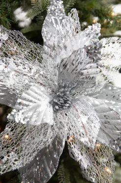 22” x 14" Velvet Sheer Poinsettia Stem - Silver