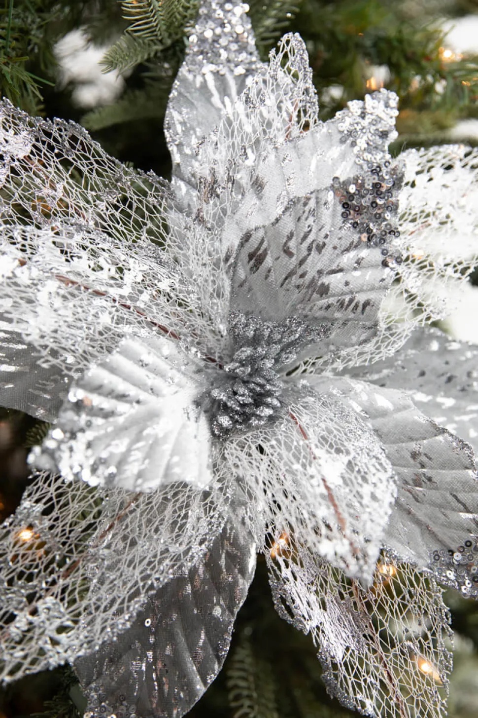 22” x 14" Velvet Sheer Poinsettia Stem - Silver