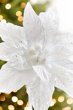 24" x 10" White Glitter Edge & Bead Poinsettia Stem