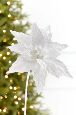 24" x 10" White Glitter Edge & Bead Poinsettia Stem