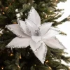 22” x 12" White Velvet Glitter Poinsettia Stem