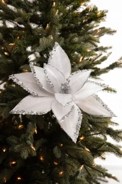 22” x 12" White Velvet Glitter Poinsettia Stem
