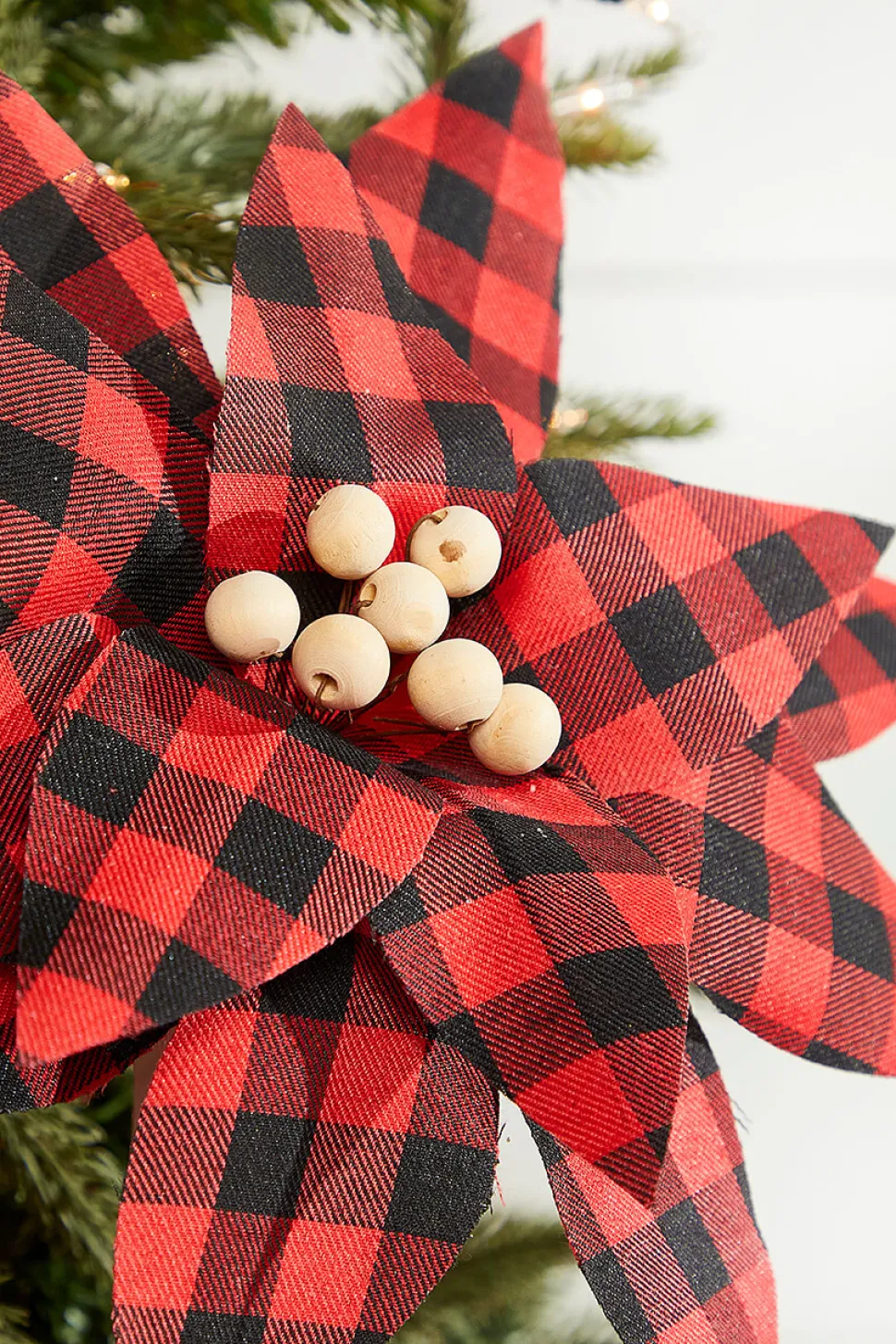22” x 13" Wood Bead Buffalo Check Poinsettia Stem