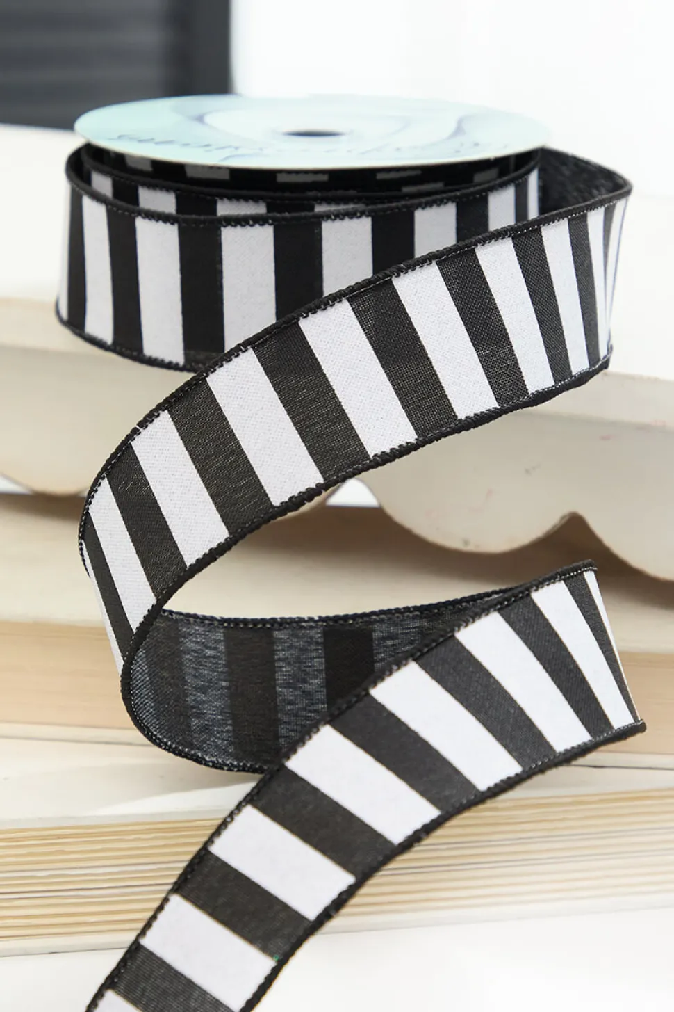 1.5" x 10 Yard Black & White Halloween Stripe Ribbon