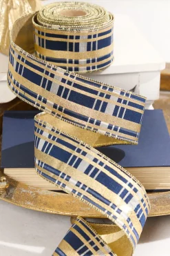 2.5" x 10 Yard Blue and Gold Plaid Ribbon