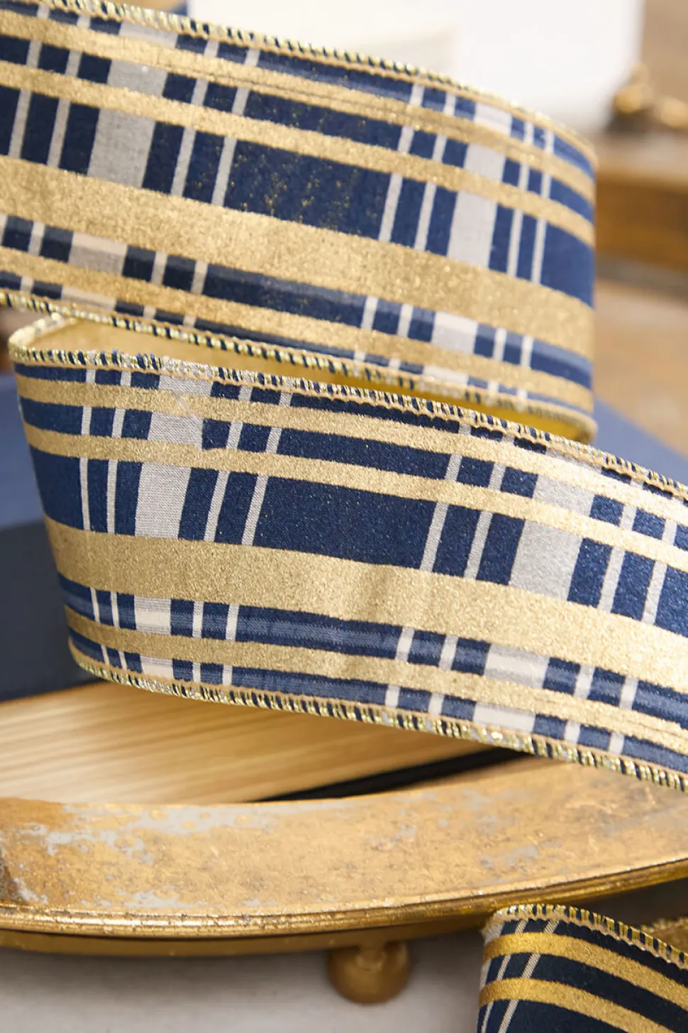 2.5" x 10 Yard Blue and Gold Plaid Ribbon