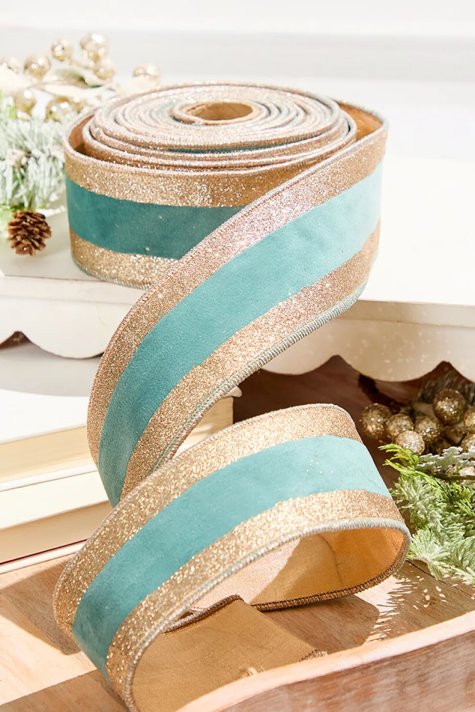 2.5" x 10 Yard Celadon and Rose Gold Striped Ribbon
