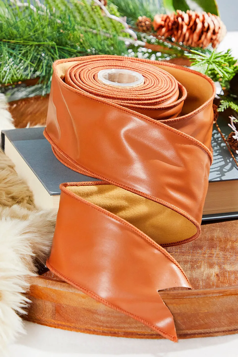 2.5" x 10 Yard Cognac Faux Leather Ribbon