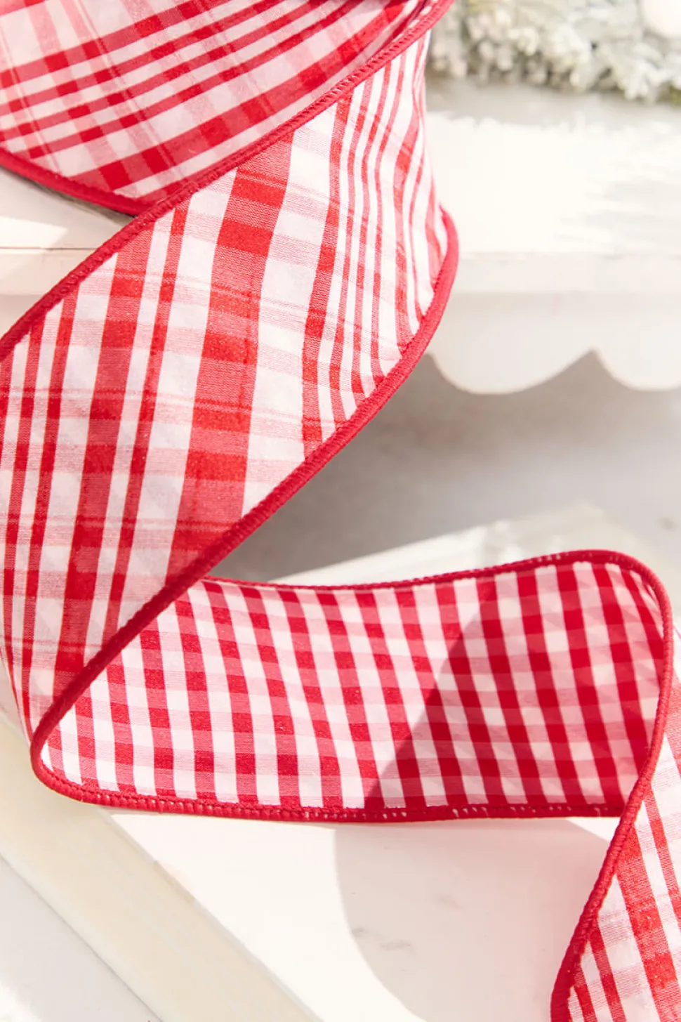 2.5" x 10 Yard Double Sided Red & White Gingham Diagonal Plaid Ribbon