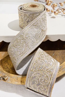 4" x 5 Yard Gold Embroidered Silver Velvet Ribbon
