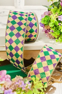 2.5" x 10 Yard Gold, Green & Purple Diamond Patterned Ribbon