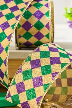 2.5" x 10 Yard Gold, Green & Purple Diamond Patterned Ribbon