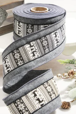4” x 10 Yard Gray Wool Edge Scandinavian Center Stripe Ribbon