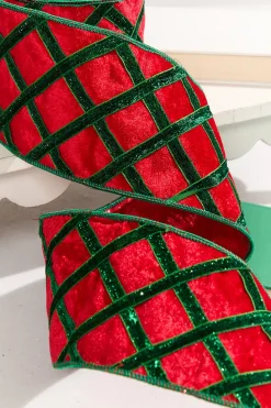4" x 5 Yard Green Diamond Red Velvet Ribbon