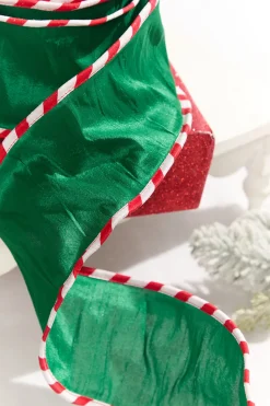 4" x 10 Yard Green Dupioni with Red & White Piping Ribbon