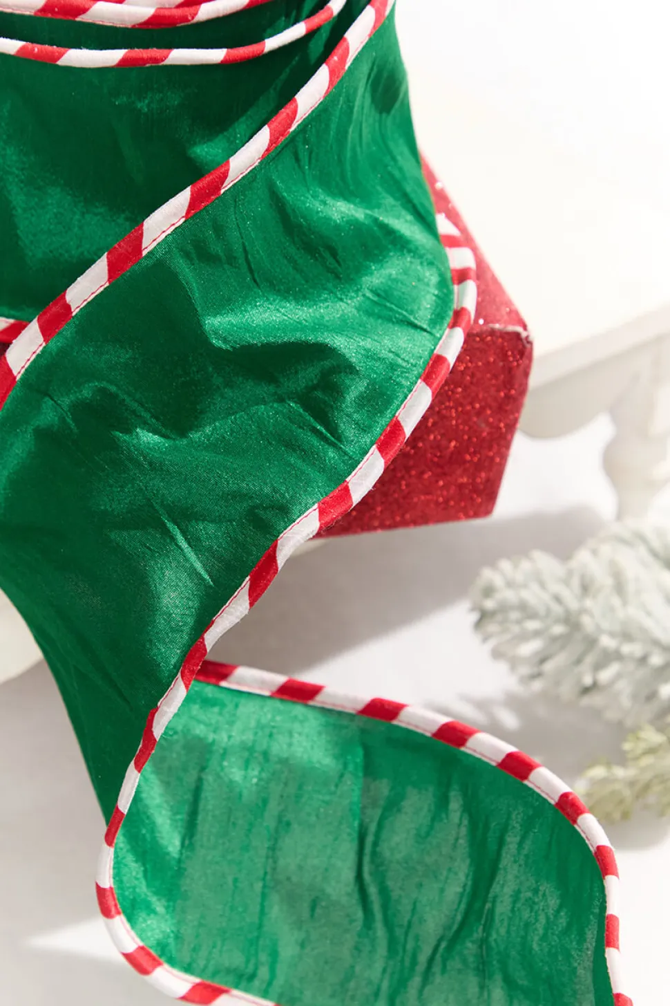 4" x 10 Yard Green Dupioni with Red & White Piping Ribbon