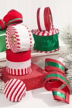2.5" x 10 Yard Green Lamé with Red Glitter Stripe Ribbon