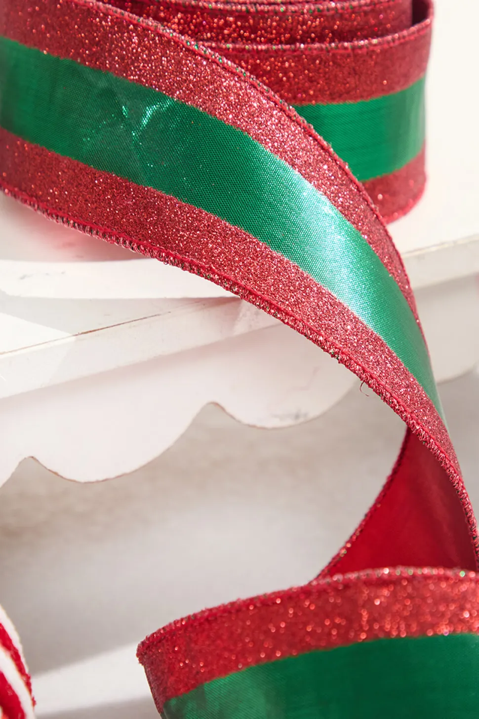2.5" x 10 Yard Green Lamé with Red Glitter Stripe Ribbon