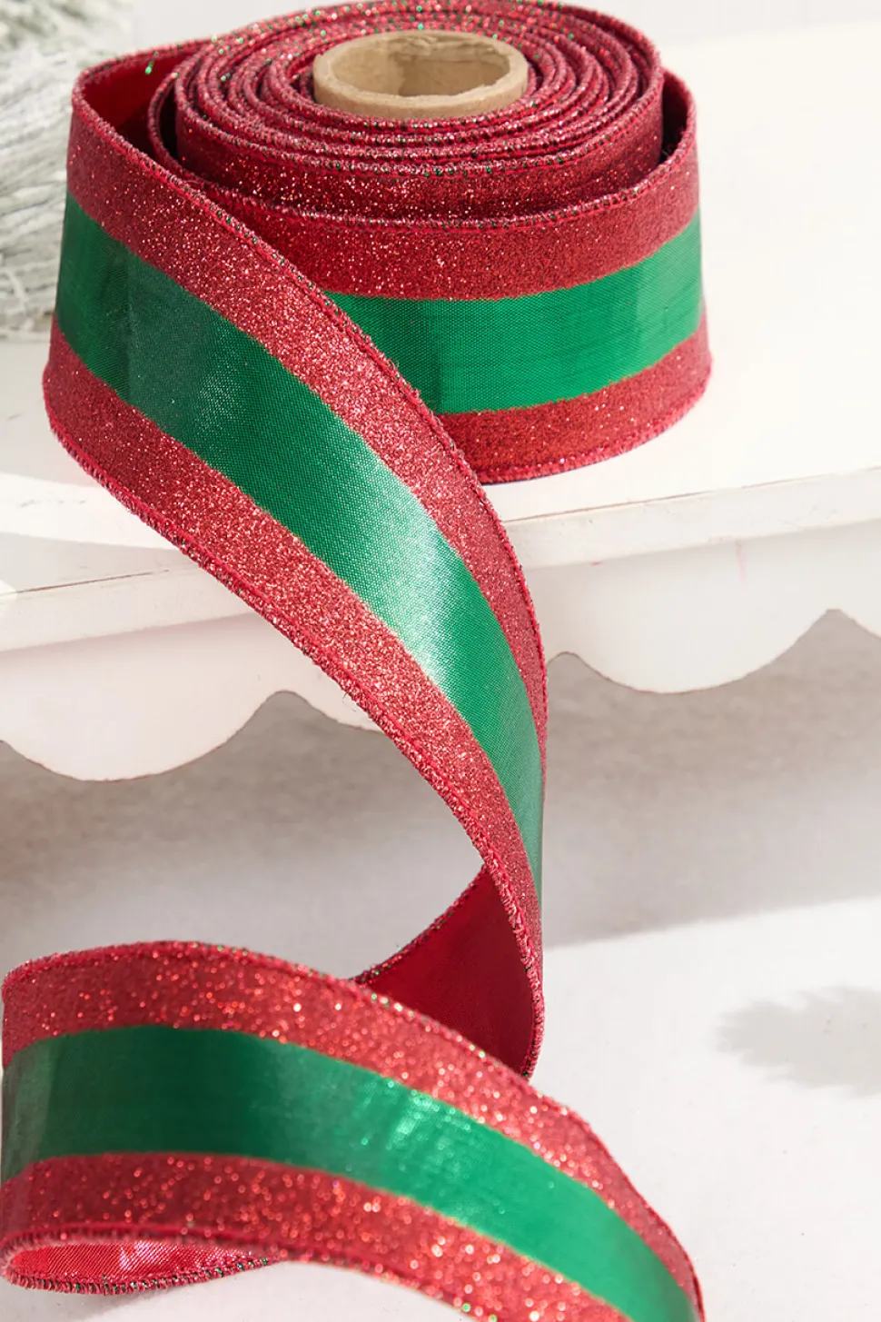 2.5" x 10 Yard Green Lamé with Red Glitter Stripe Ribbon
