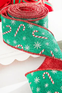 4" x 10 Yard Green/Red Candy Cane Jacquard Ribbon