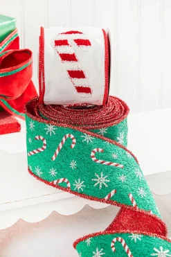 4" x 10 Yard Green/Red Candy Cane Jacquard Ribbon