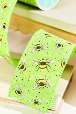 2.5" x 10 Yard Green Ribbon with Bees And Speckles