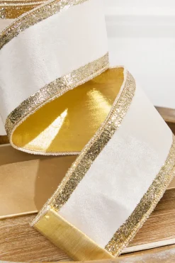 4" x 10 Yard Ivory Velvet with Gold Stripe Ribbon
