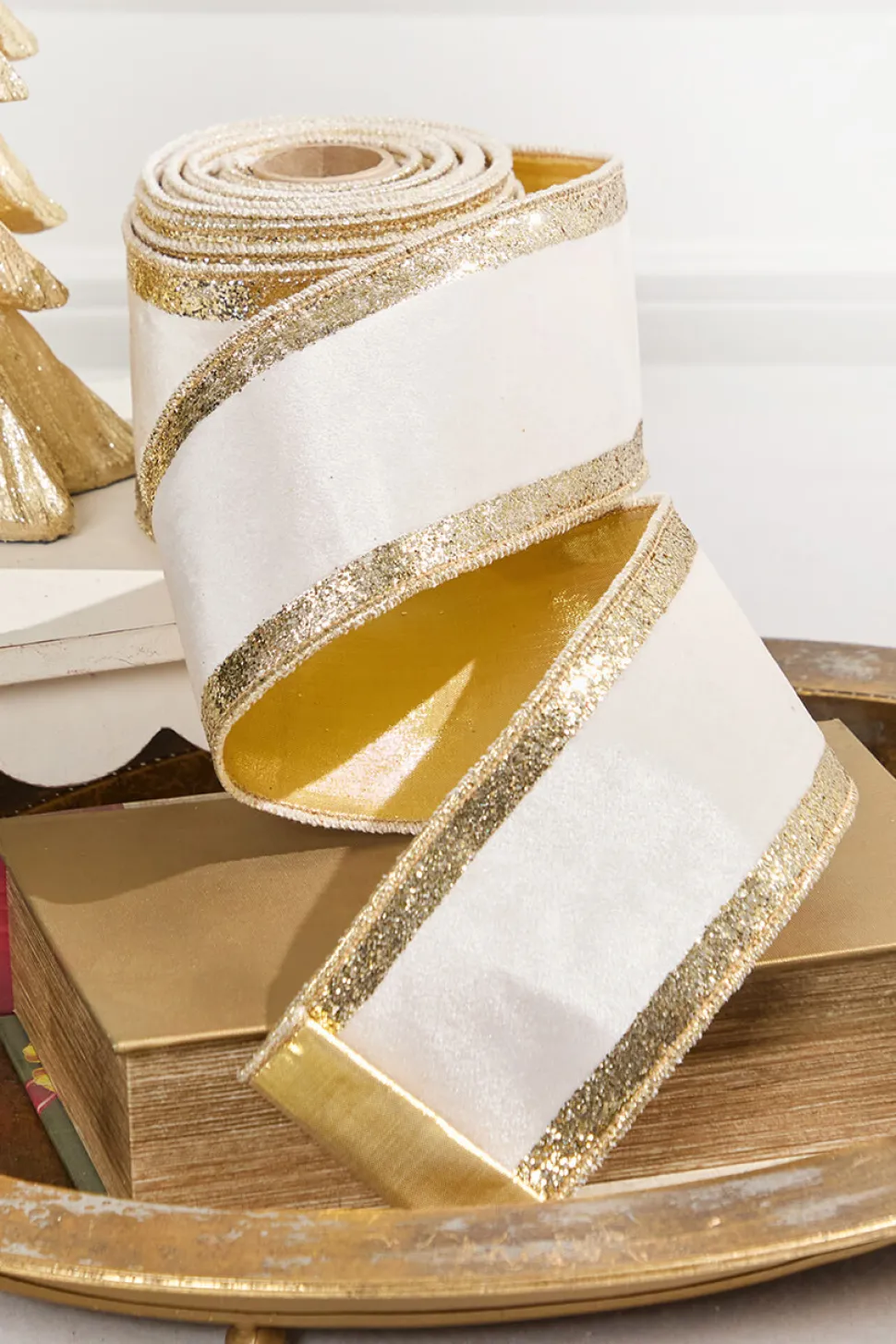 4" x 10 Yard Ivory Velvet with Gold Stripe Ribbon
