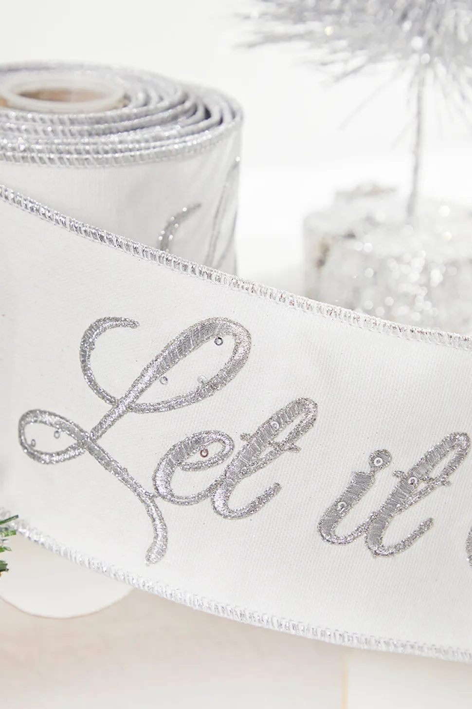 4" x 5 Yard Let It Snow White Embroidered Ribbon