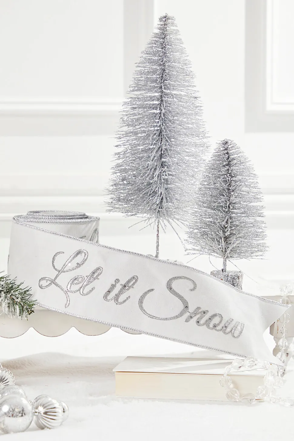 4" x 5 Yard Let It Snow White Embroidered Ribbon