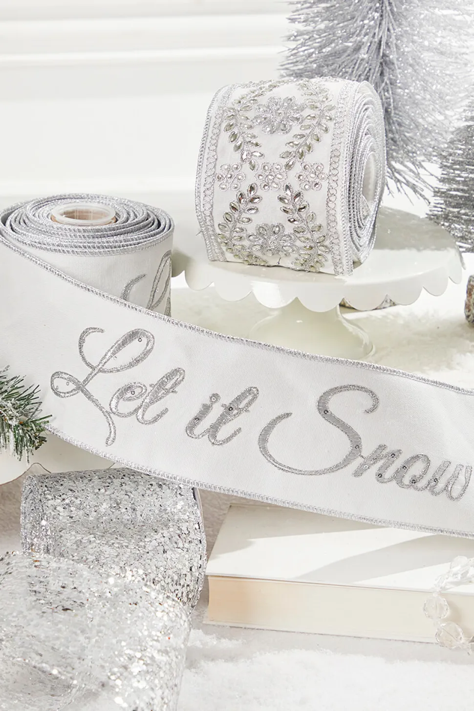 4" x 5 Yard Let It Snow White Embroidered Ribbon