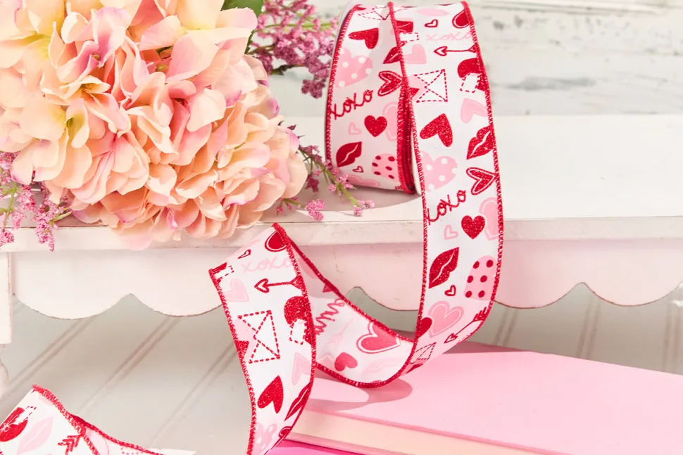 1.5" x 10 Yard Letters/Hearts/ XOXO Patterned Ribbon