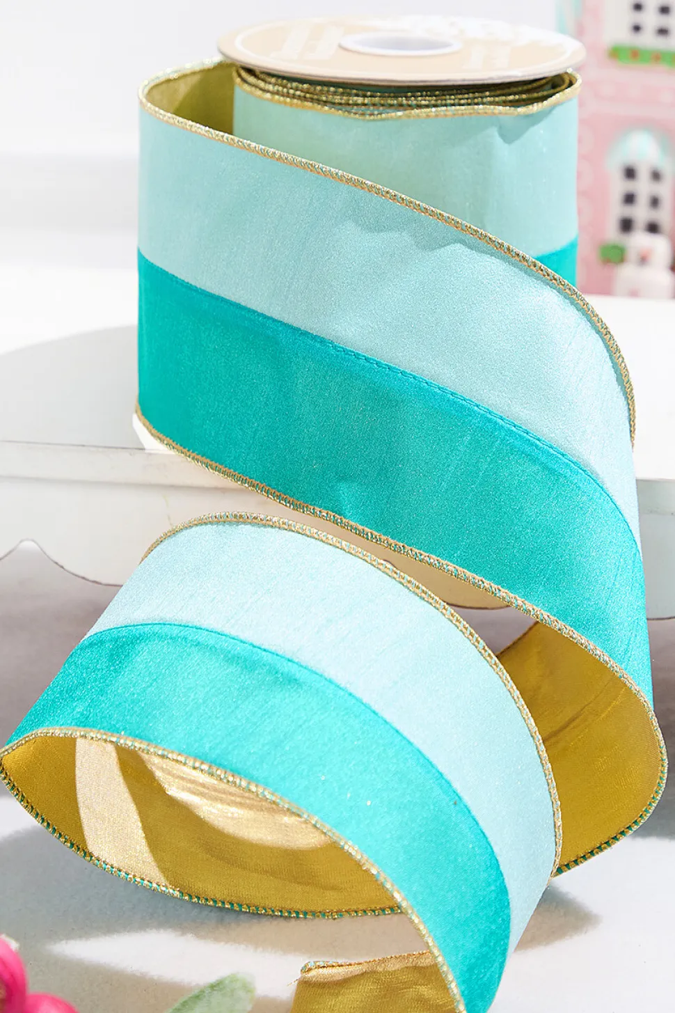 4" x 10 Yard Mint/Aqua Colorblock Dupioni