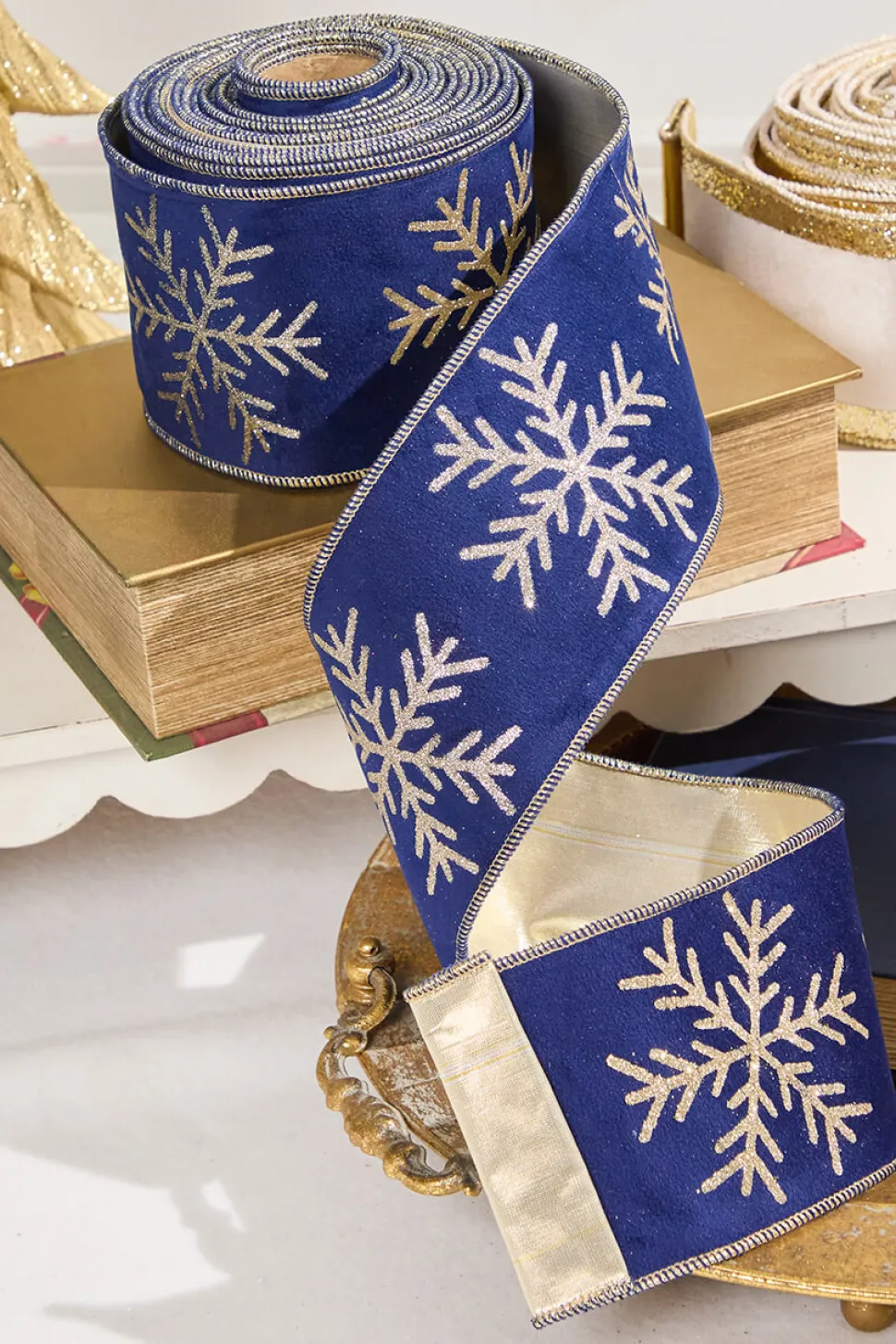 4" x 10 Yard Navy Velvet with Gold Snowflake Ribbon