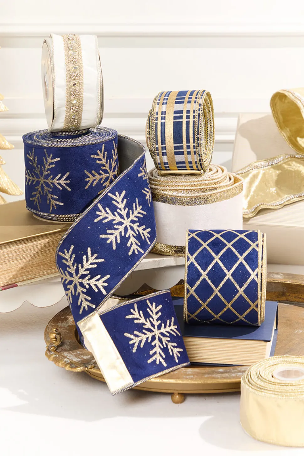 4" x 10 Yard Navy Velvet with Gold Snowflake Ribbon