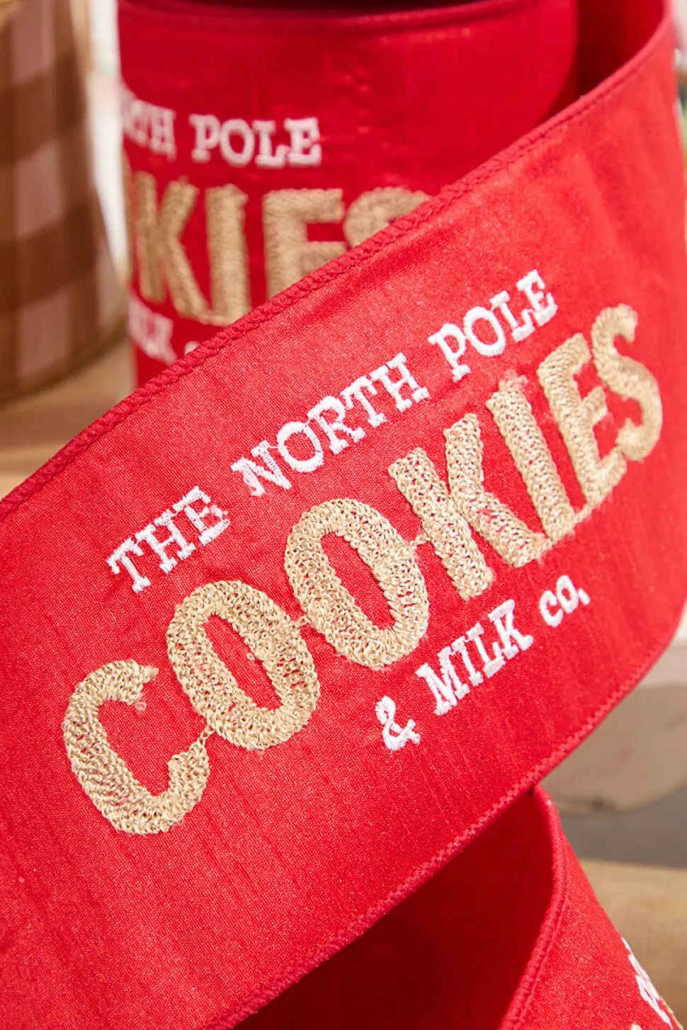 4" x 5 Yard North Pole Cookies & Milk Co. Embroidered Red