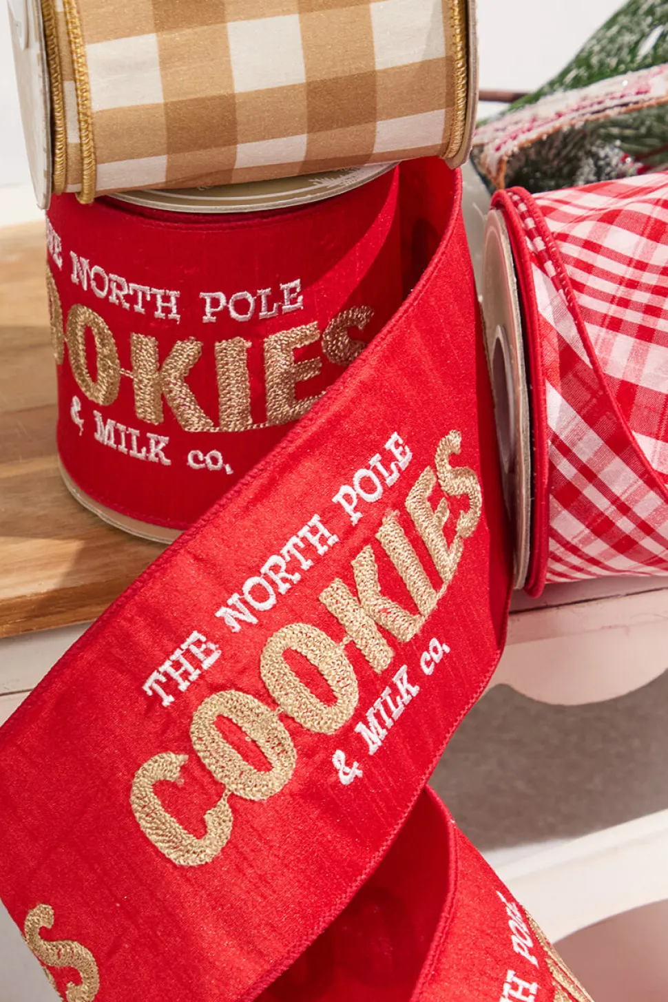 4" x 5 Yard North Pole Cookies & Milk Co. Embroidered Red