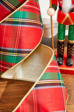 4" x 10 Yard Nutcracker Plaid Dupioni Double Backed Wired Ribbon - Red