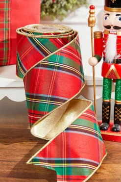 4" x 10 Yard Nutcracker Plaid Dupioni Double Backed Wired Ribbon - Red