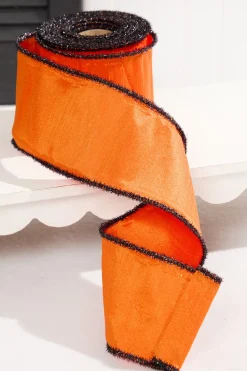 4" x 10 Yard Orange Dupioni with Black Tinsel Edge Ribbon