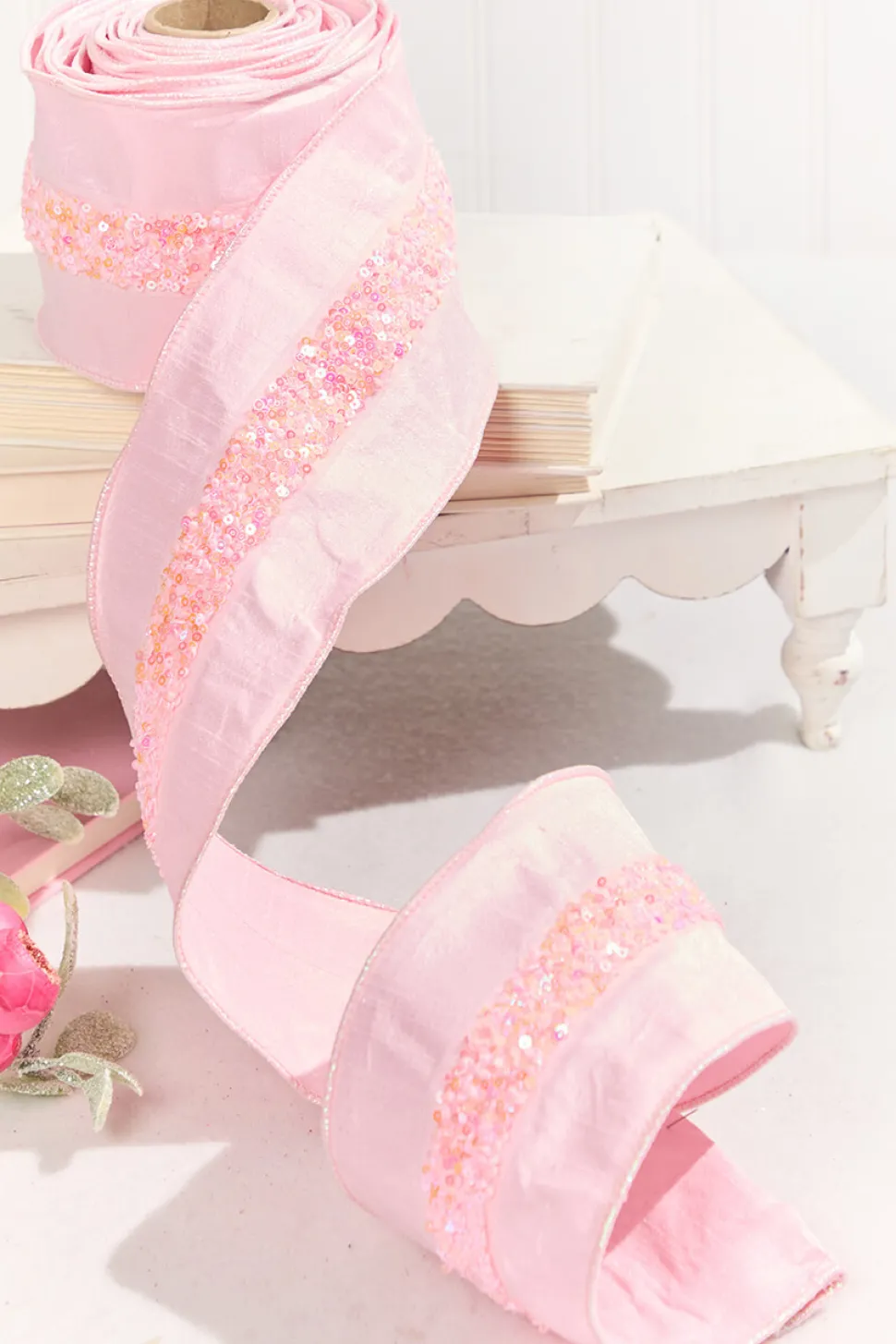 4" x 5 Yard Pink Embellished Center Ribbon