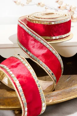 2.5" x 5 Yard Red Dupion with Gold Sequin Trim Ribbon