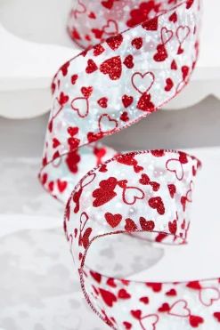 2.5" X 10 Yard Red Glitter Heart Sheer White Ribbon